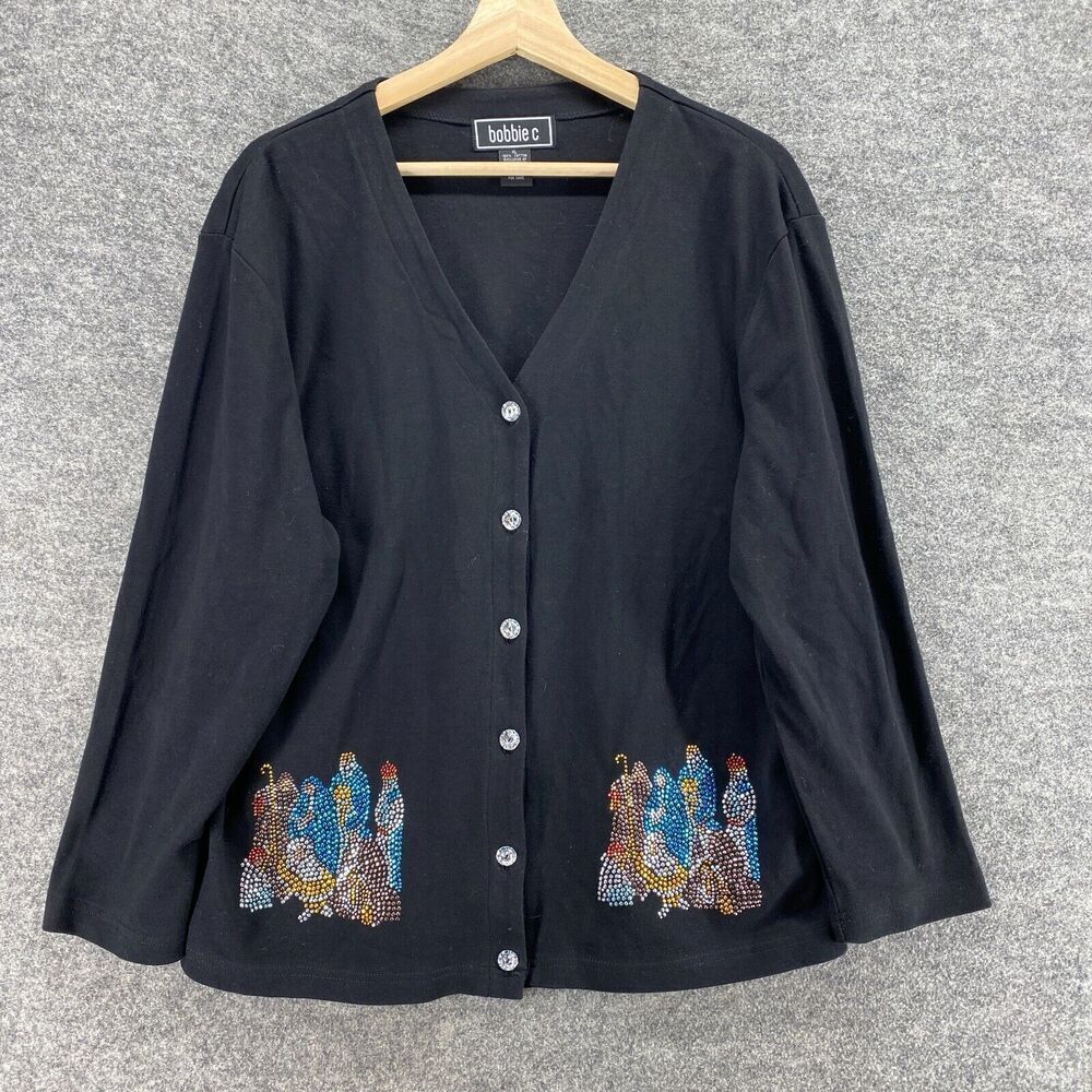 Bobbie C Cardigan Women XL Black Rhinestone V-Neck Long Sleeve Cotton Button